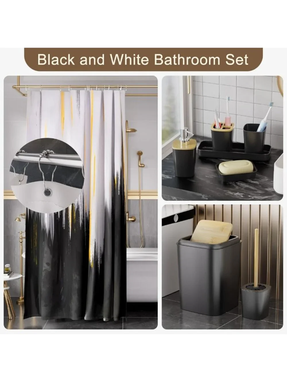 Stylish 24PCS Black Bathroom Accessories Set with Shower Curtain, Rugs & More